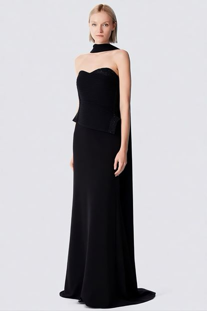 Siyah Işıltı Detaylı Abiye Elbise